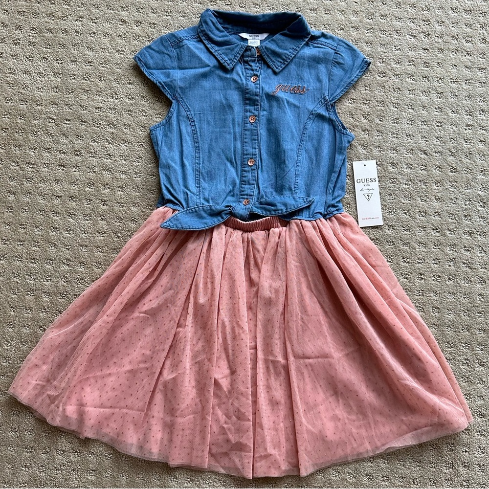NWT Girls’ Guess Blue Chambray Tie Dress With Dusty Pink Tulle Skirt, Size 12